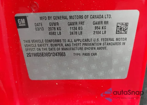 2013 Chevrolet Impala Lt z USA, uszkodzony, nr VIN 2G1WG5E38D1247663